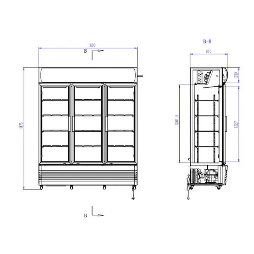 Dimensions-Refrigerateur-3-portes-battantes-en-verre-1600x610x1973mm