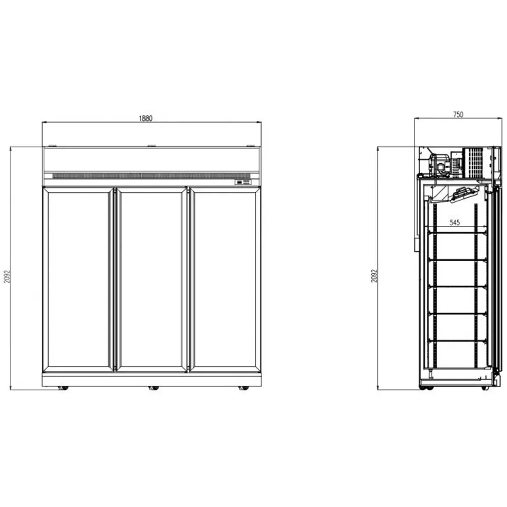Dimensions-Refrigerateur-3-portes-battantes-en-verre-1880x710x2092mm
